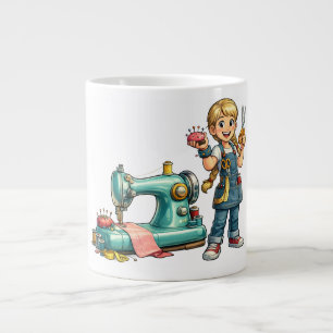 Cute Sewing Girl Cartoon with Vintage Machine Large Coffee Mug