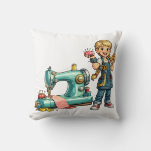 Cute Sewing Girl Cartoon with Vintage Machine Throw Pillow
