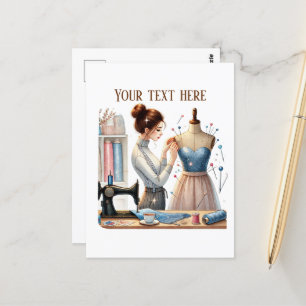 Cute sewing lovers add text  postcard