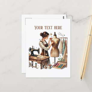 Cute sewing lovers add text  postcard