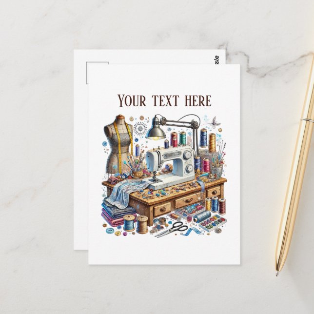 Cute sewing lovers add text  postcard (Front/Back In Situ)