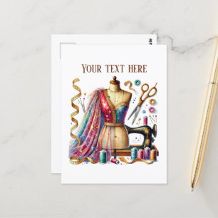 Cute sewing lovers add text  postcard