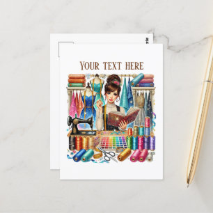 Cute sewing lovers add text postcard