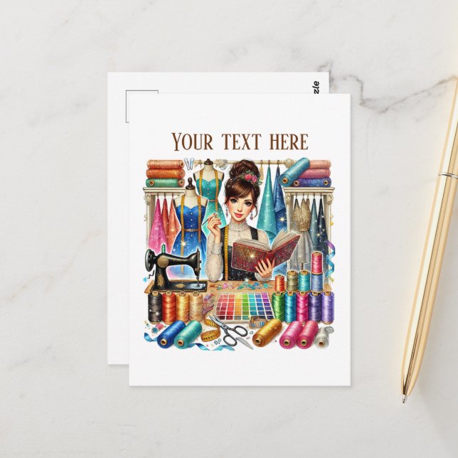 Cute sewing lovers add text postcard (Front/Back In Situ)