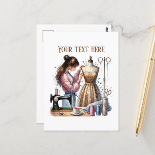 Cute sewing lovers add text  postcard