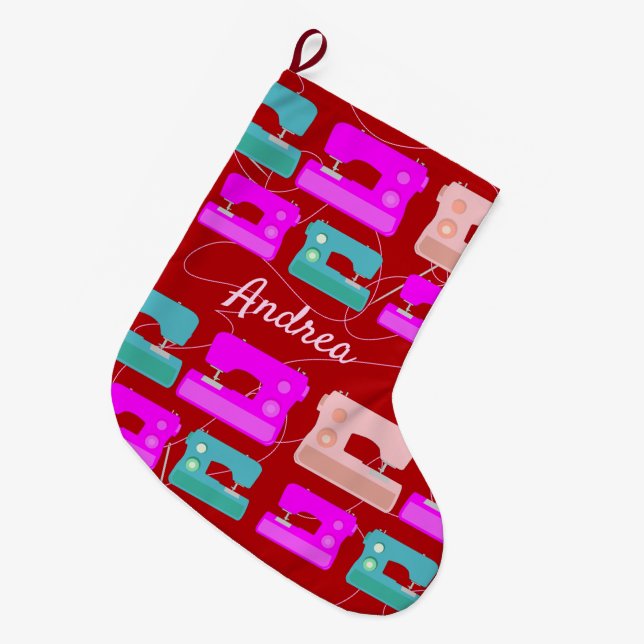 Cute Sewing Machine Pattern Crafting Themed Large Christmas Stocking (Front (Hanging))