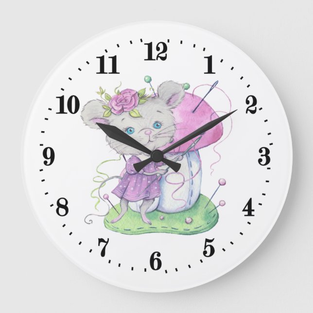 cute sewing mouse room decor Large Clock (Front)