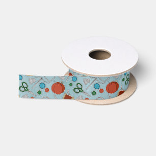 Cute Sewing Themed Pattern Blue Satin Ribbon