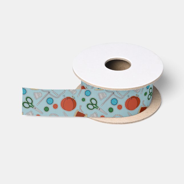 Cute Sewing Themed Pattern Blue Satin Ribbon (Spool)