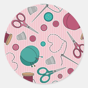 Cute Sewing Themed Pattern Pink Classic Round Sticker