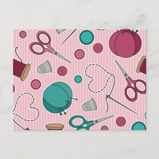 Cute Sewing Themed Pattern Pink Postcard