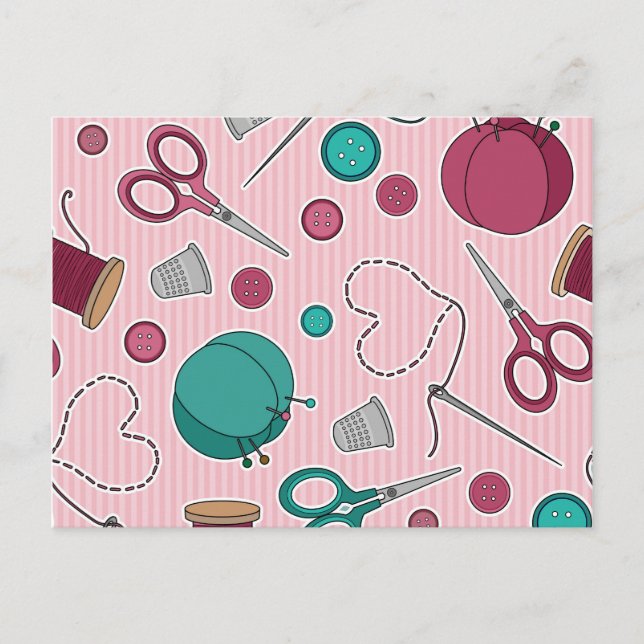 Cute Sewing Themed Pattern Pink Postcard (Front)