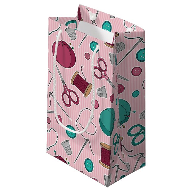 Cute Sewing Themed Pattern Pink Small Gift Bag (Front Angled)