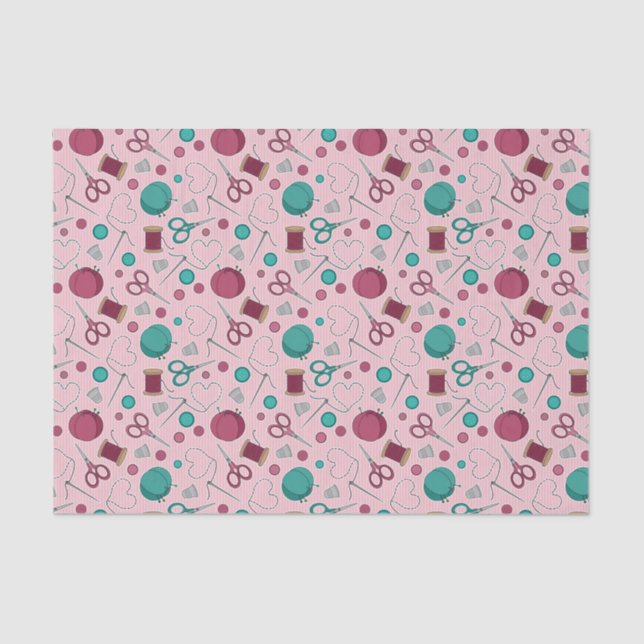 Cute Sewing Themed Pattern Pink Tissue Paper (Front)
