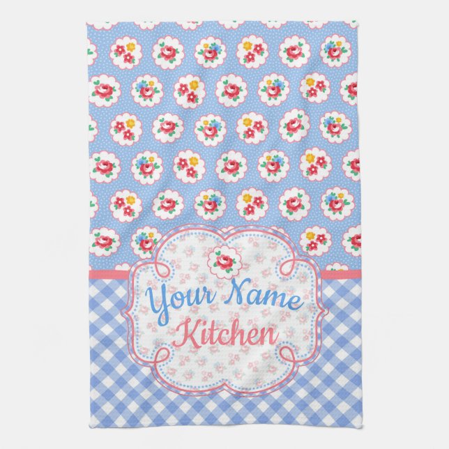 Cute Shabby Chic Floral and Plaid  Personalized Kitchen Towel (Vertical)