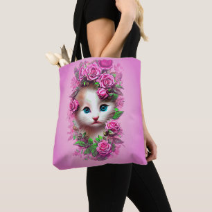 Cute Shabby Chic Kitten, Pink Rose Tote Bag