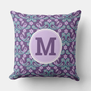 Cute Shabby Chic Purple and blue Paisley Monogram Throw Pillow