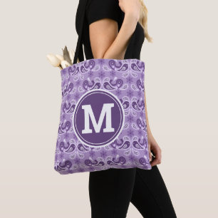 Cute Shabby Chic Purple and white Paisley Monogram Tote Bag