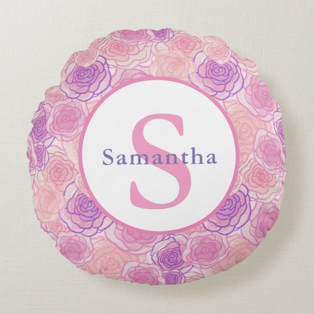 Cute Shabby Pink Roses Personalized Monogram Round Pillow (Front)