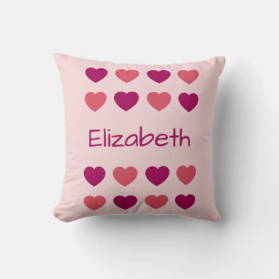 Cute Shades of Pink Hearts Pattern Name Throw Pillow