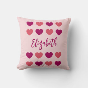 Cute Shades of Pink Hearts Script Cursive Name Throw Pillow
