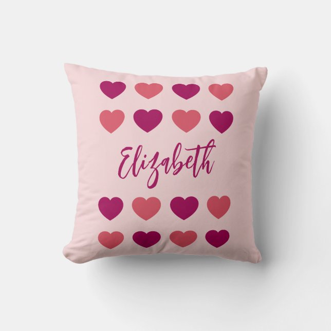 Cute Shades of Pink Hearts Script Cursive Name Throw Pillow (Front)