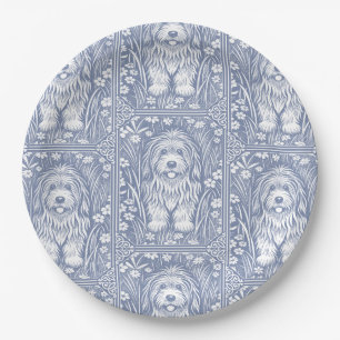 Cute Shaggy Dog Blue and White Cottagecore Paper Plate