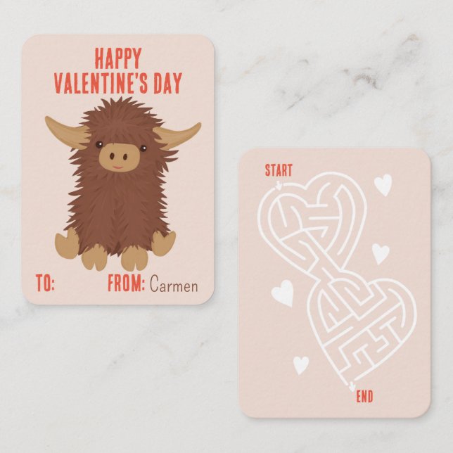 Cute, shaggy Highland cow classroom Valentine Card (Front/Back)