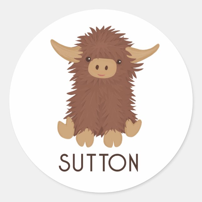 Cute, shaggy Highland cow custom design Classic Round Sticker (Front)