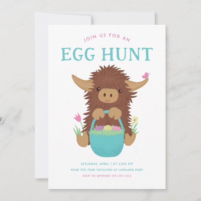 Cute, shaggy Highland cow Easter basket design Invitation (Front)