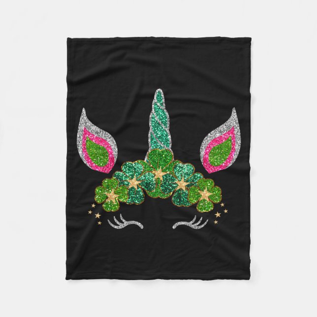Cute Shamrock Irish Unicorn Face Tee St.patrick's  Fleece Blanket (Front)