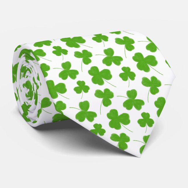 Cute Shamrock Pattern White Tie (Rolled)
