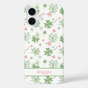 Cute Shamrocks with Pink Bows and Hearts  iPhone 16 Case