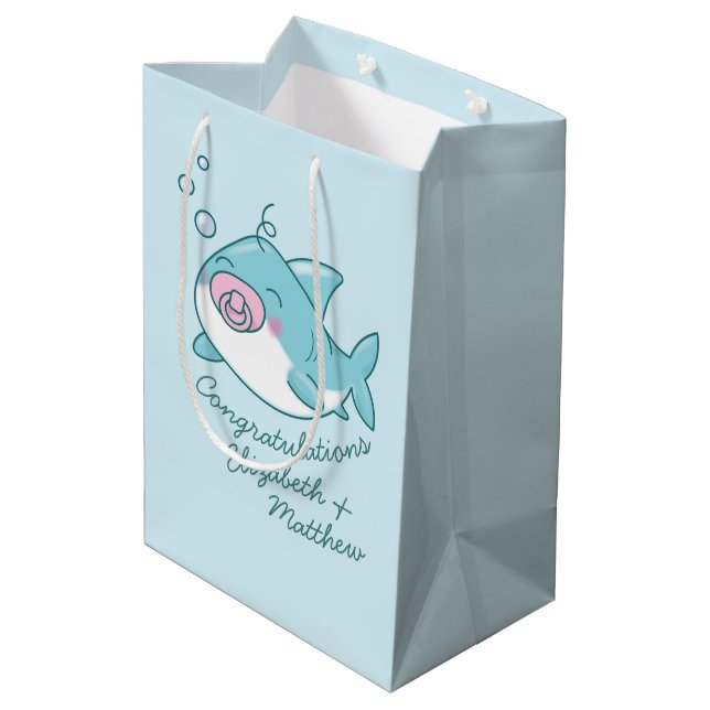 Cute Shark Baby Shower Kawaii Pink Girl Medium Gift Bag (Back Angled)