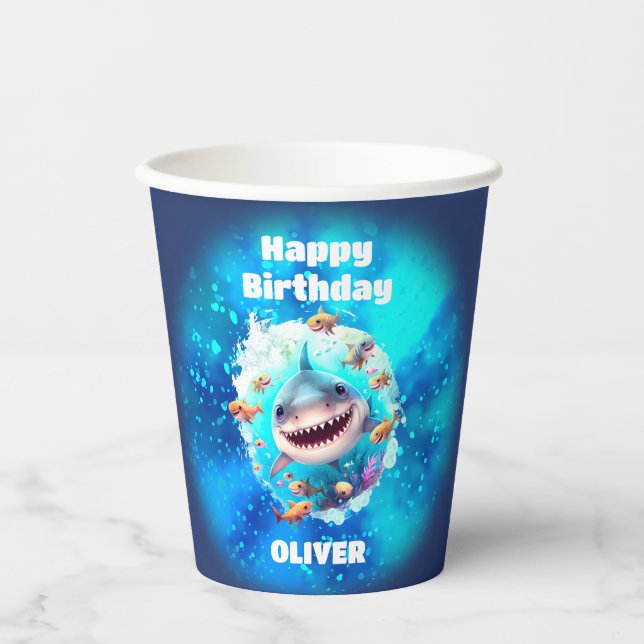 Cute Shark Birthday Personalized Boy  Paper Cups (Front)