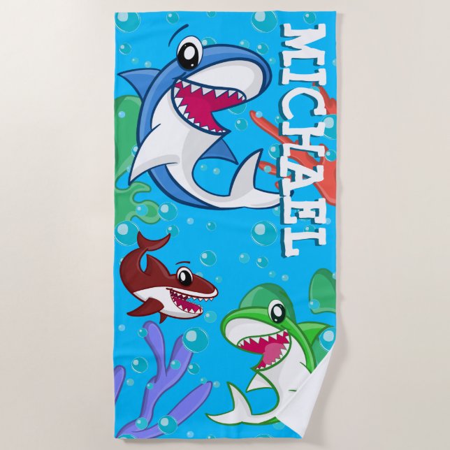 Cute Shark Cartoon Underwater Blue Ocean Kids Beach Towel (Front)
