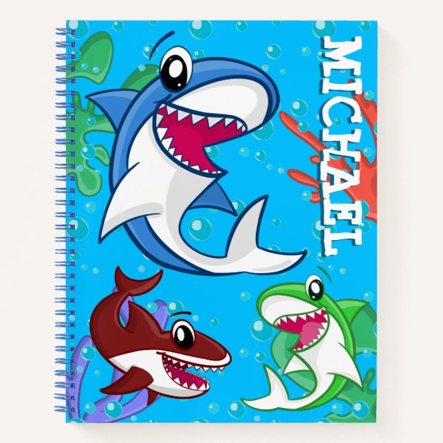 Cute Shark Cartoon Underwater Blue Sea Ocean Fish Notebook (Front)