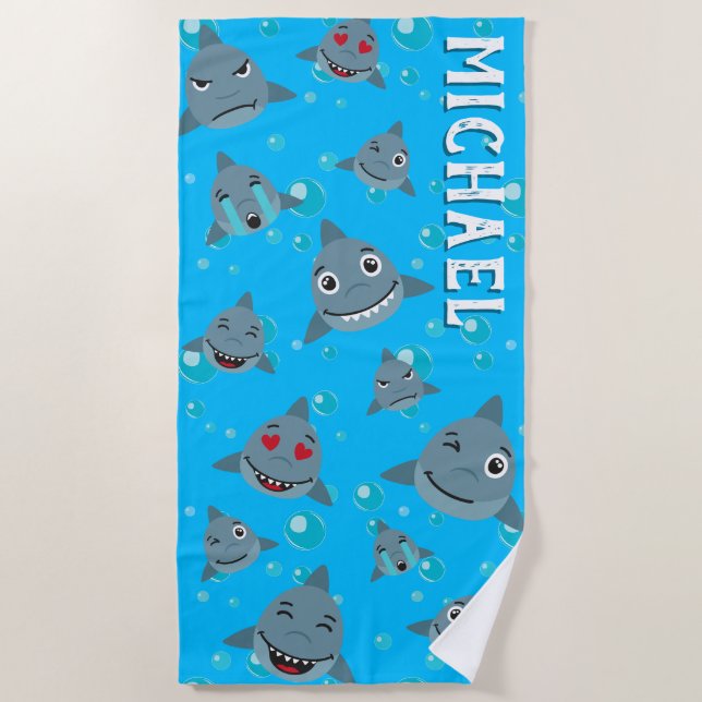 Cute Shark Cartoon Underwater Ocean Pattern Beach Towel (Front)