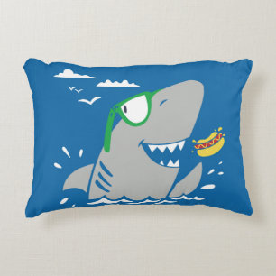 Cute shark cartoon vintage eating a hot dog on blu accent pillow