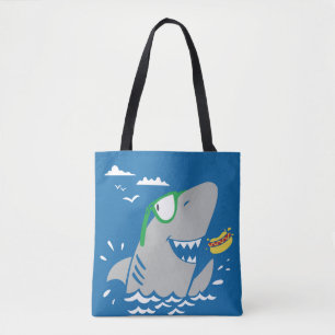Cute shark cartoon vintage eating a hot dog on blu tote bag