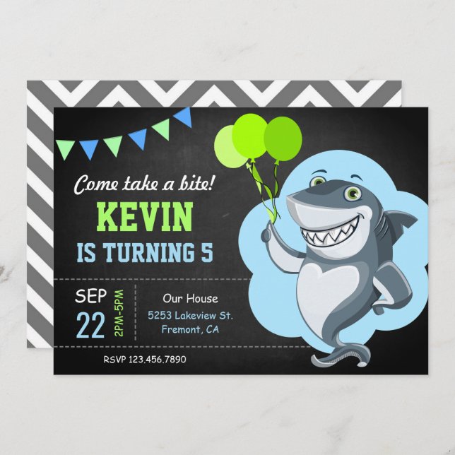 Cute Shark Chalkboard Kids Birthday Party Invitation (Front/Back)