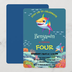 Cute shark colourful rainbow birthday party kids invitation