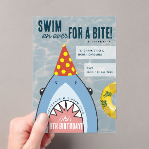Cute Shark Face in Ocean Kids Pool Birthday Party Acrylic Invitations
