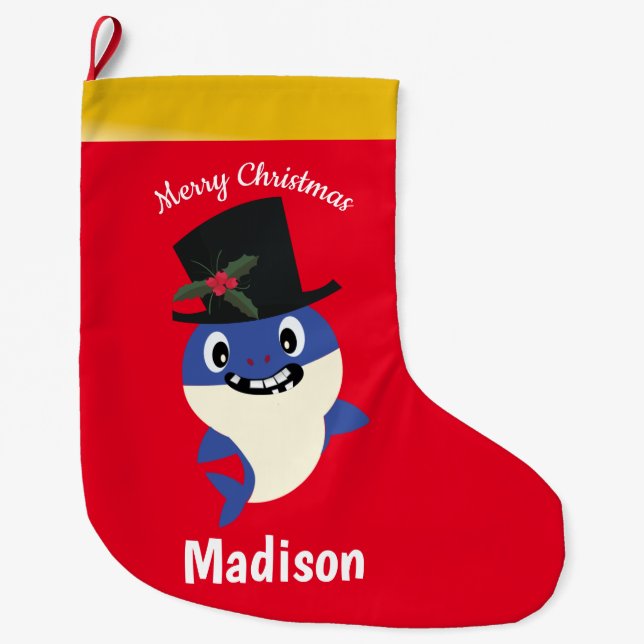 Cute Shark 🦈 Fun Fab Kids Super Ocean  Large Christmas Stocking (Front)