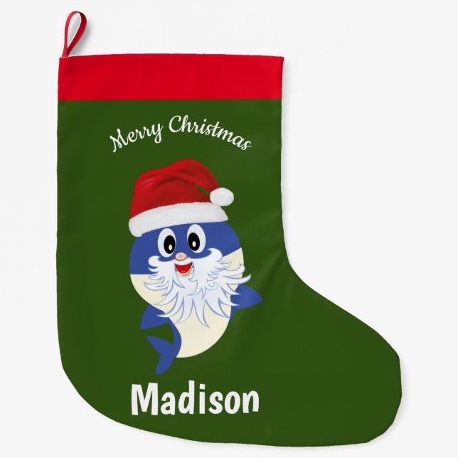 Cute Shark 🦈 Fun Fab Kids Super Ocean  Large Christmas Stocking (Front)