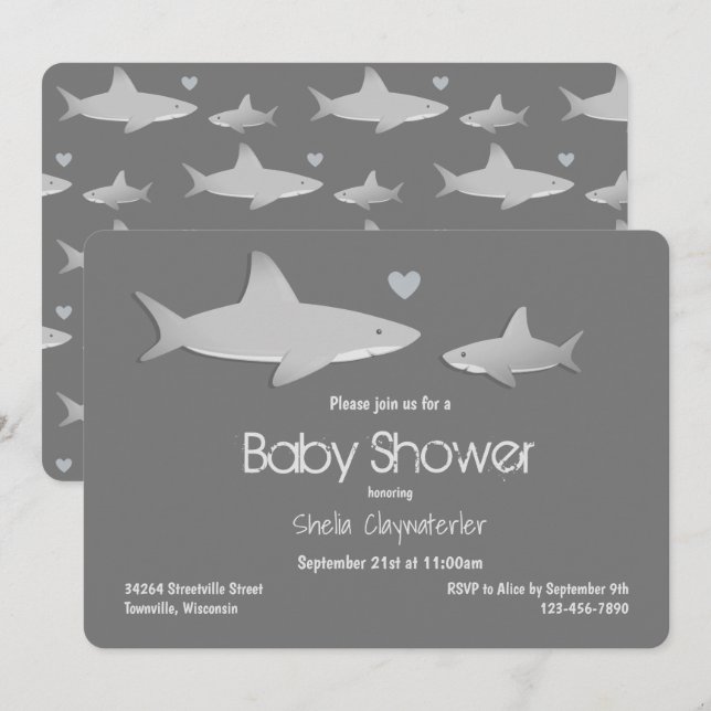 Cute Shark Grey Baby Shower Invitation (Front/Back)