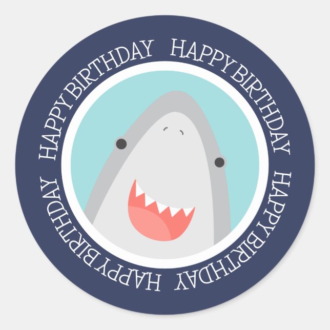 Cute Shark Happy Birthday Classic Round Sticker (Front)