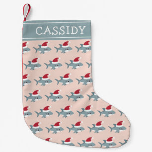 Cute Shark in a Santa Hat Light Pink Personalized Small Christmas Stocking