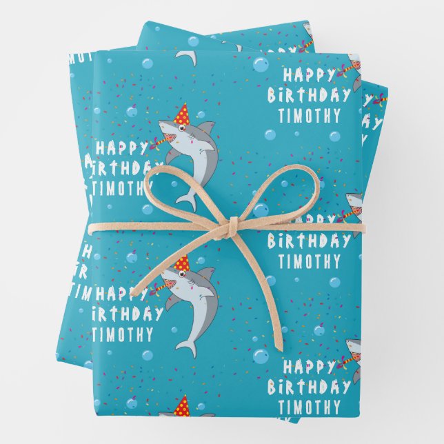 Cute Shark in Ocean Kids Birthday Party Wrapping Paper Sheet (In situ)