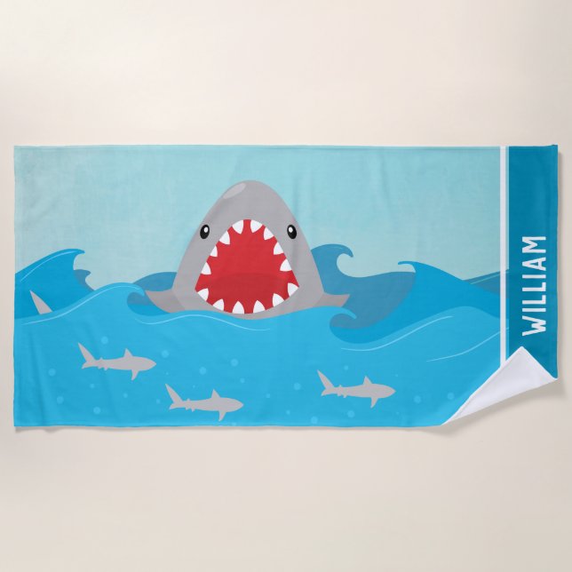 Cute Shark in Water | Boys Personalized Beach Towel (Front)